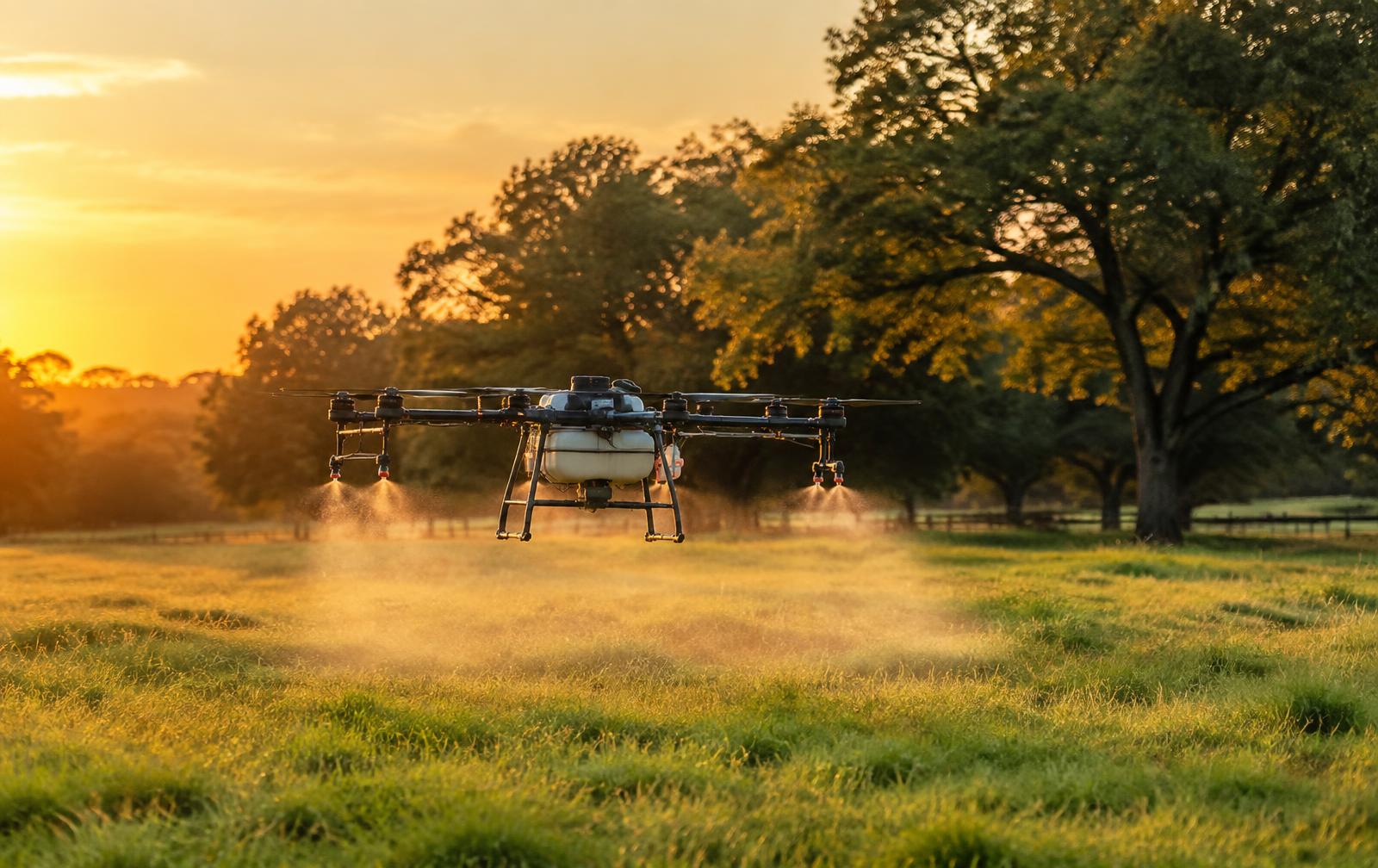 Autonomous spray drone treating a Texas ranch pasture